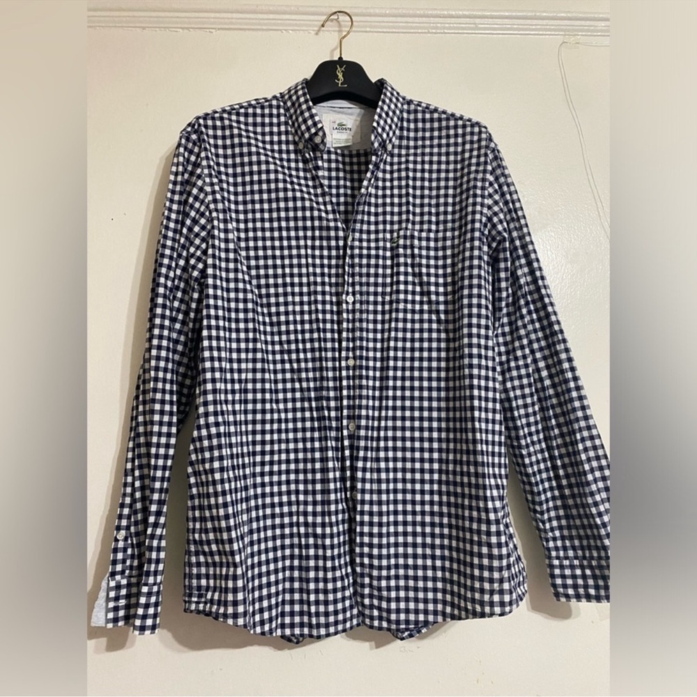 Lacoste Long Sleeves Dark Navy and White Checkered Button-Up Shirt